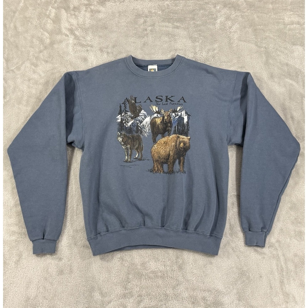 VTG Cotton Deluxe Fleece Sweatshirt Mens L Bear Wolf Moose Alaska Made‎ In USA